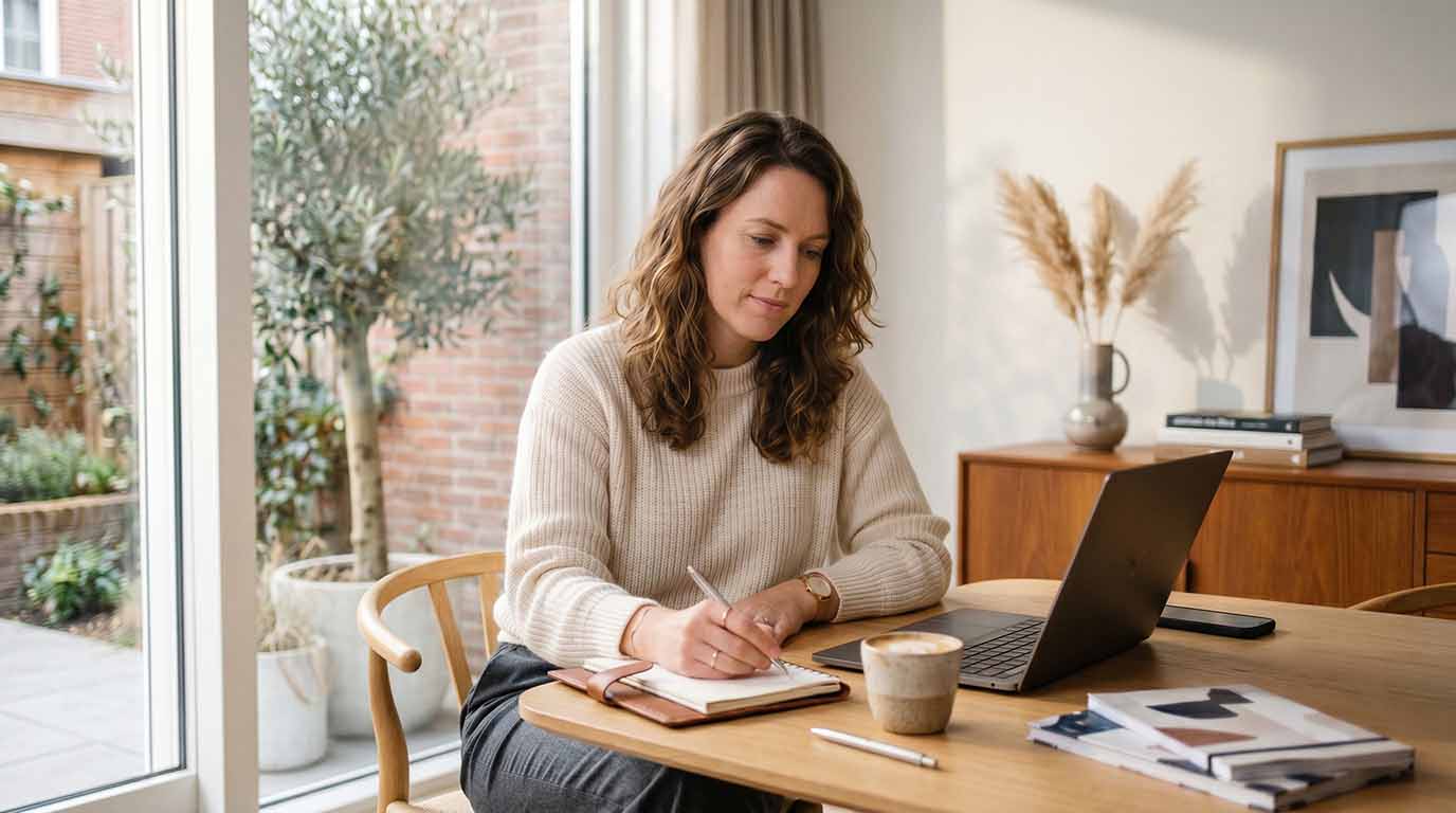 A woman seated at a table, using a laptop and writing with a pen, focused on her work.