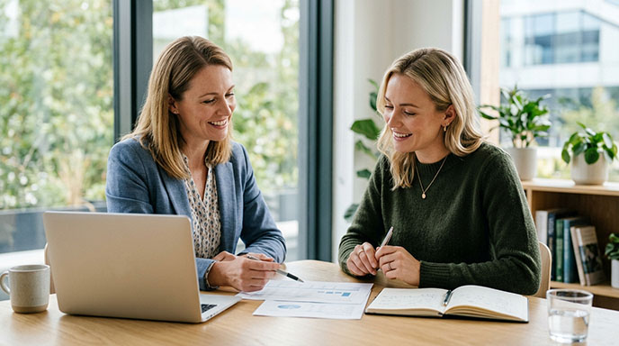 Two women seated at a table, collaborating on a laptop, engaged in discussion and sharing ideas.