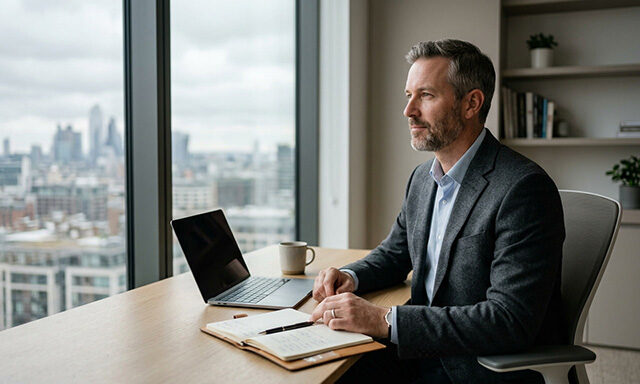 A man in a suit sits at a desk, working on a laptop with a focused expression.