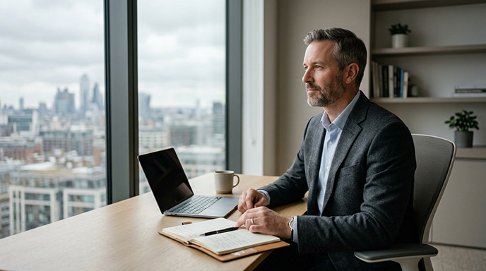 A man in a suit sits at a desk, working on a laptop with a focused expression.
