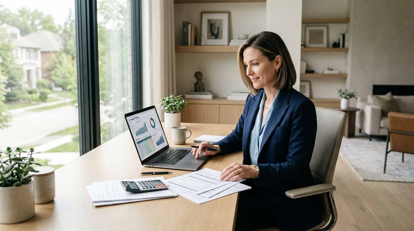 A woman in a business suit is focused on her laptop, working diligently in a professional setting.