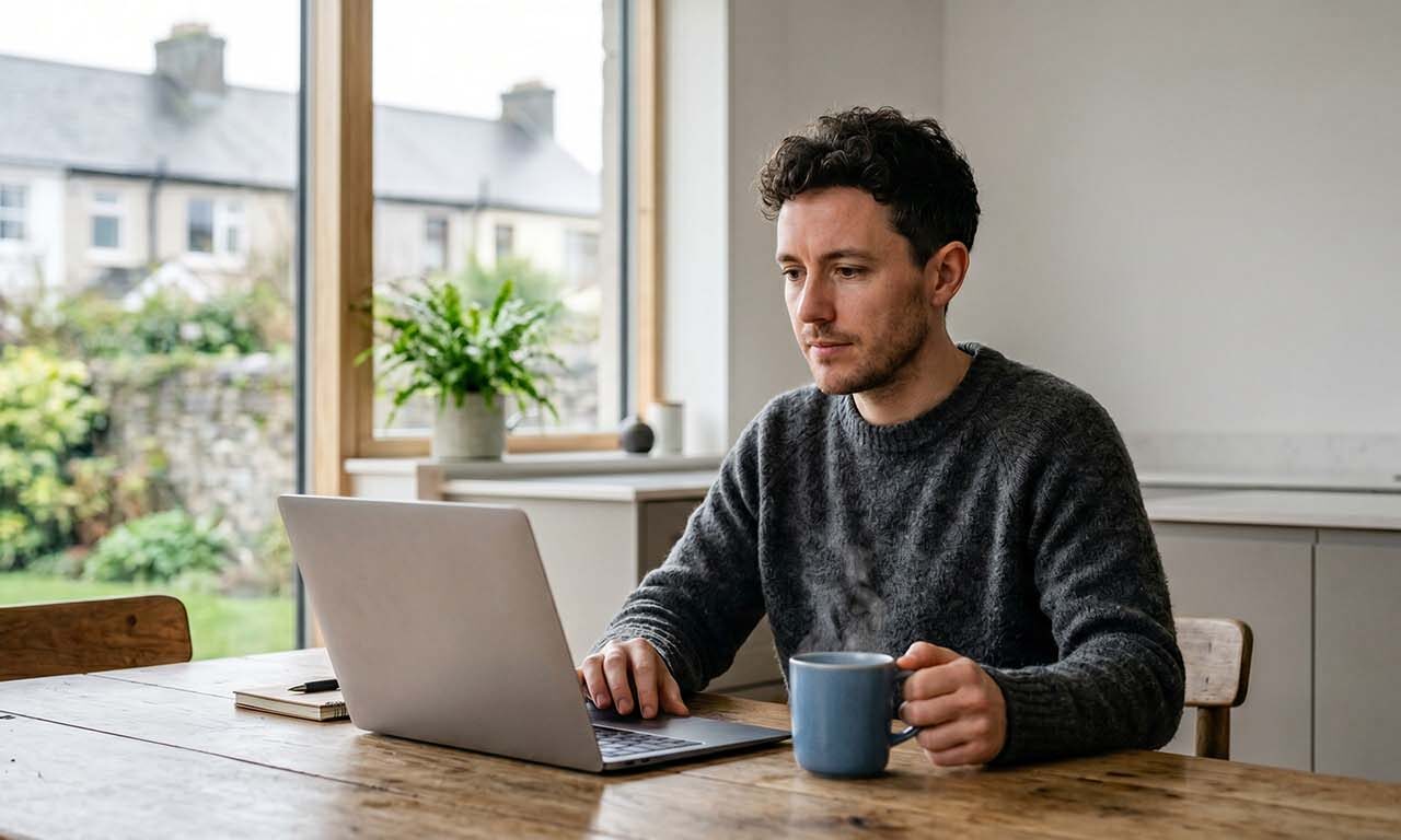 Man focused on a laptop while sitting at a desk in a cozy home office environment.