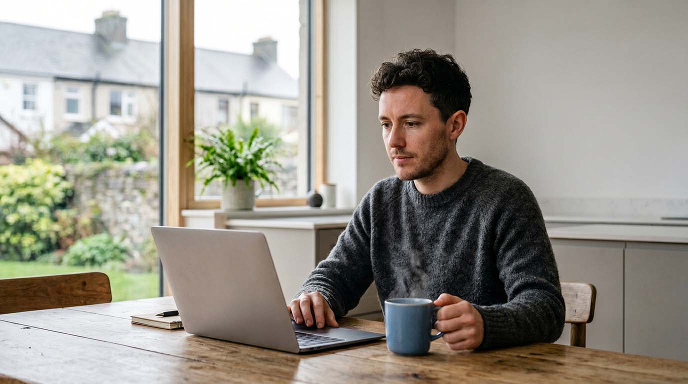 Man focused on a laptop while sitting at a desk in a cozy home office environment.
