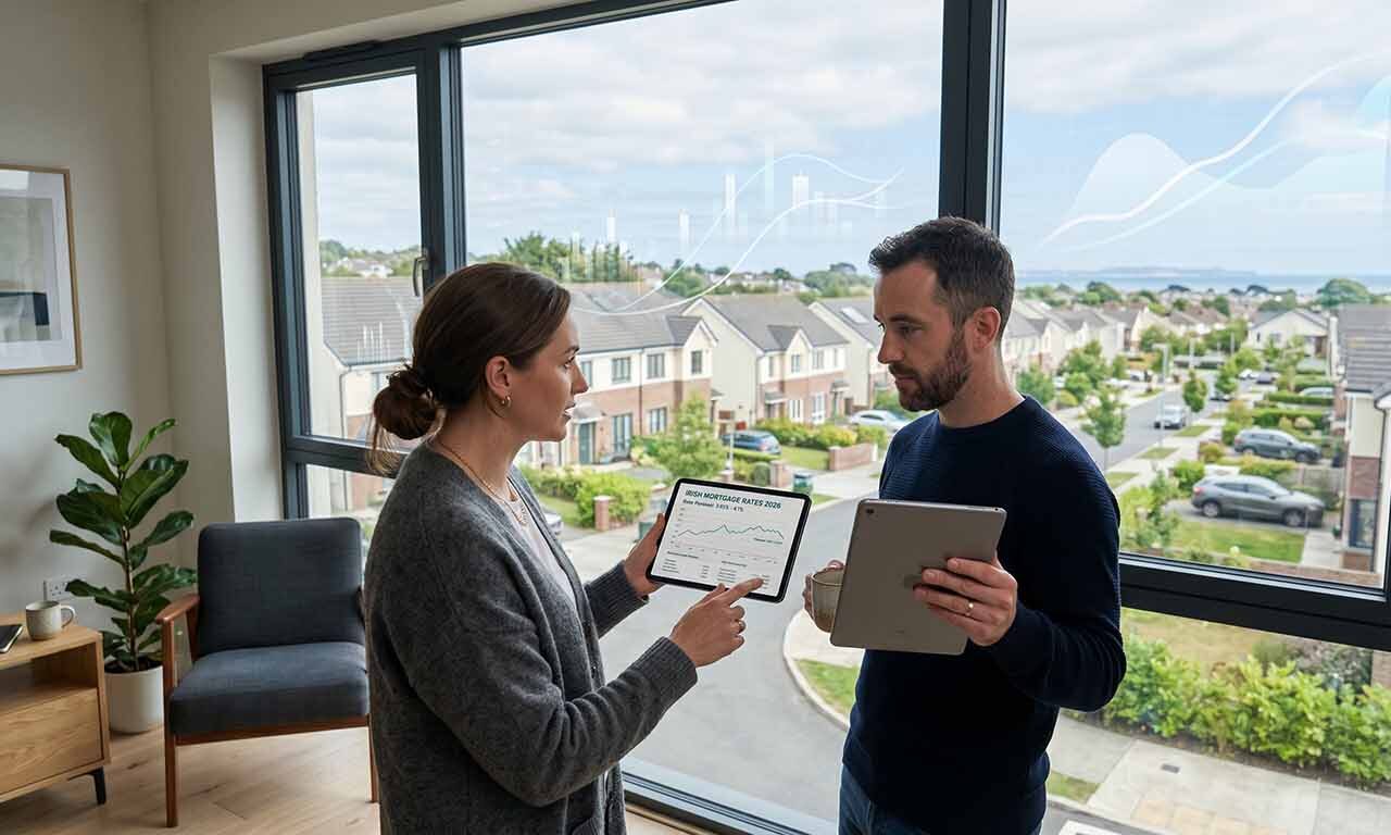A man and woman stand by a window, both focused on a tablet they are holding together.