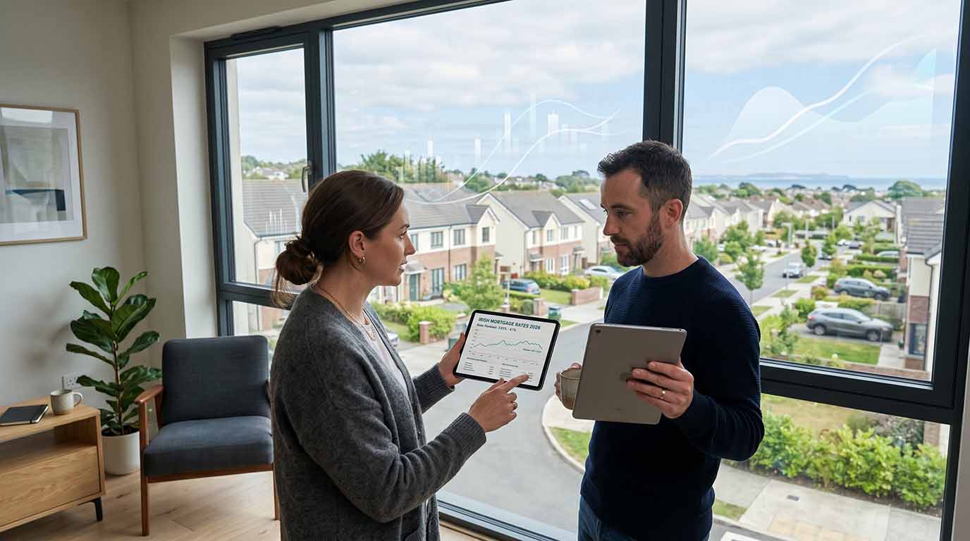 A man and woman stand by a window, both focused on a tablet they are holding together.
