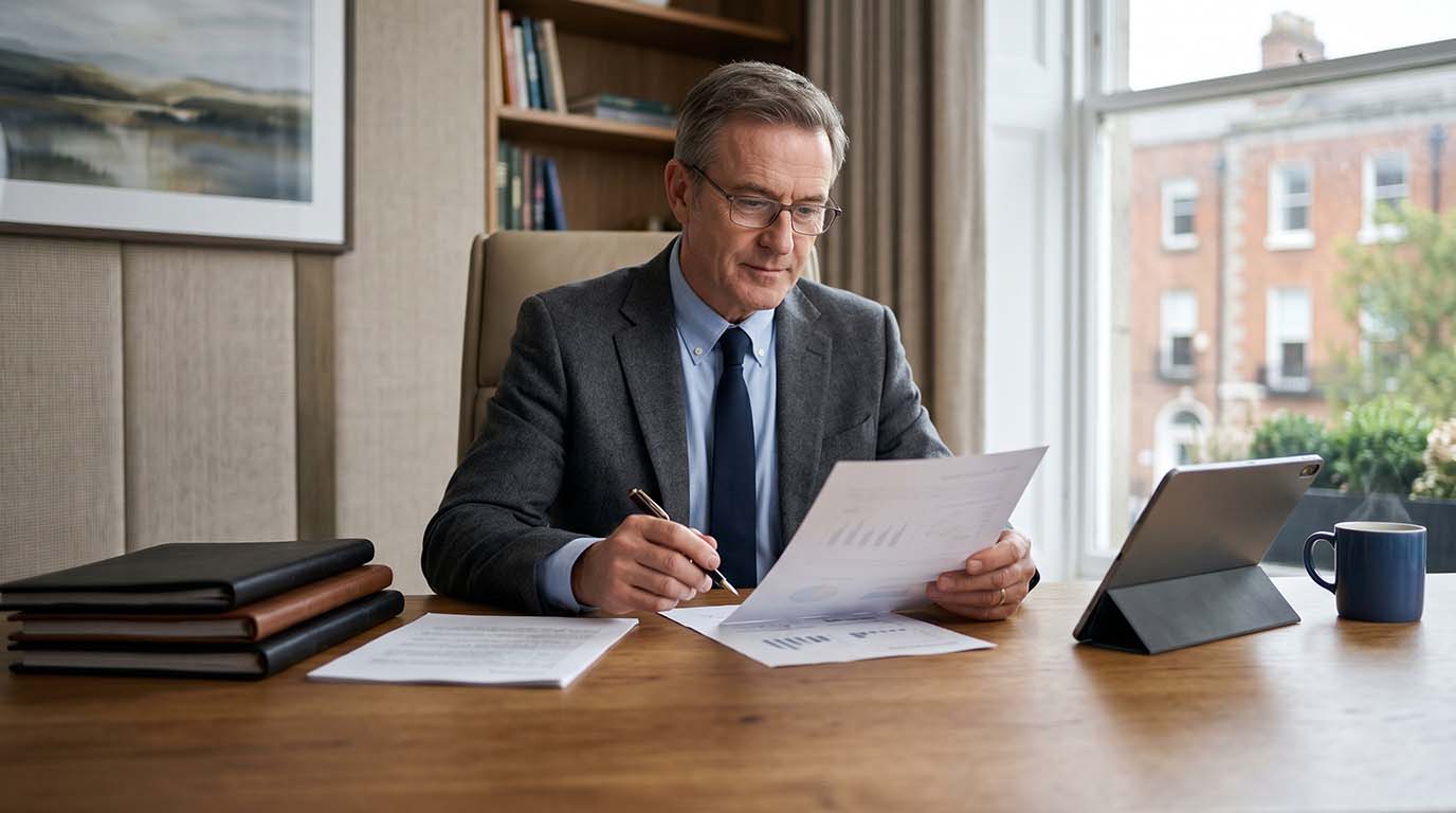 A man in a suit and tie seated at a desk, reviewing papers with a focused expression.