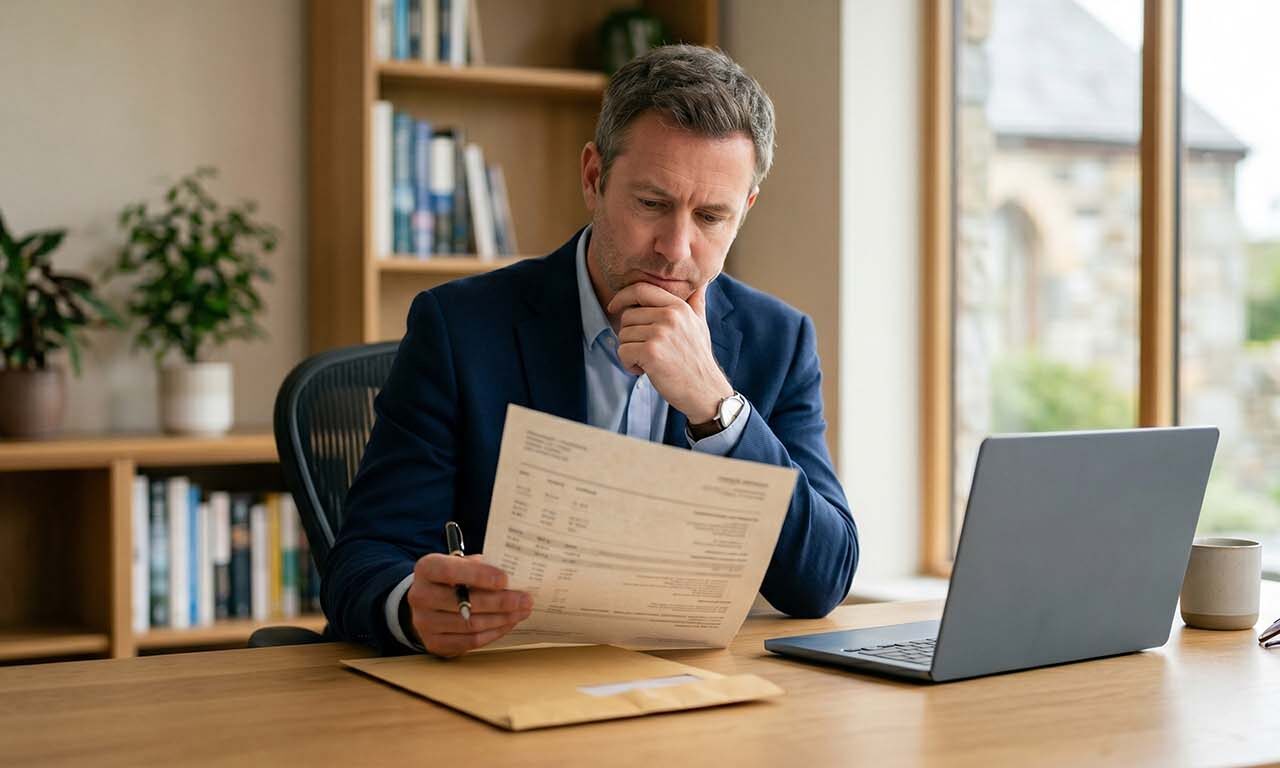 A man in a suit sits at a desk, reviewing papers with a focused expression.