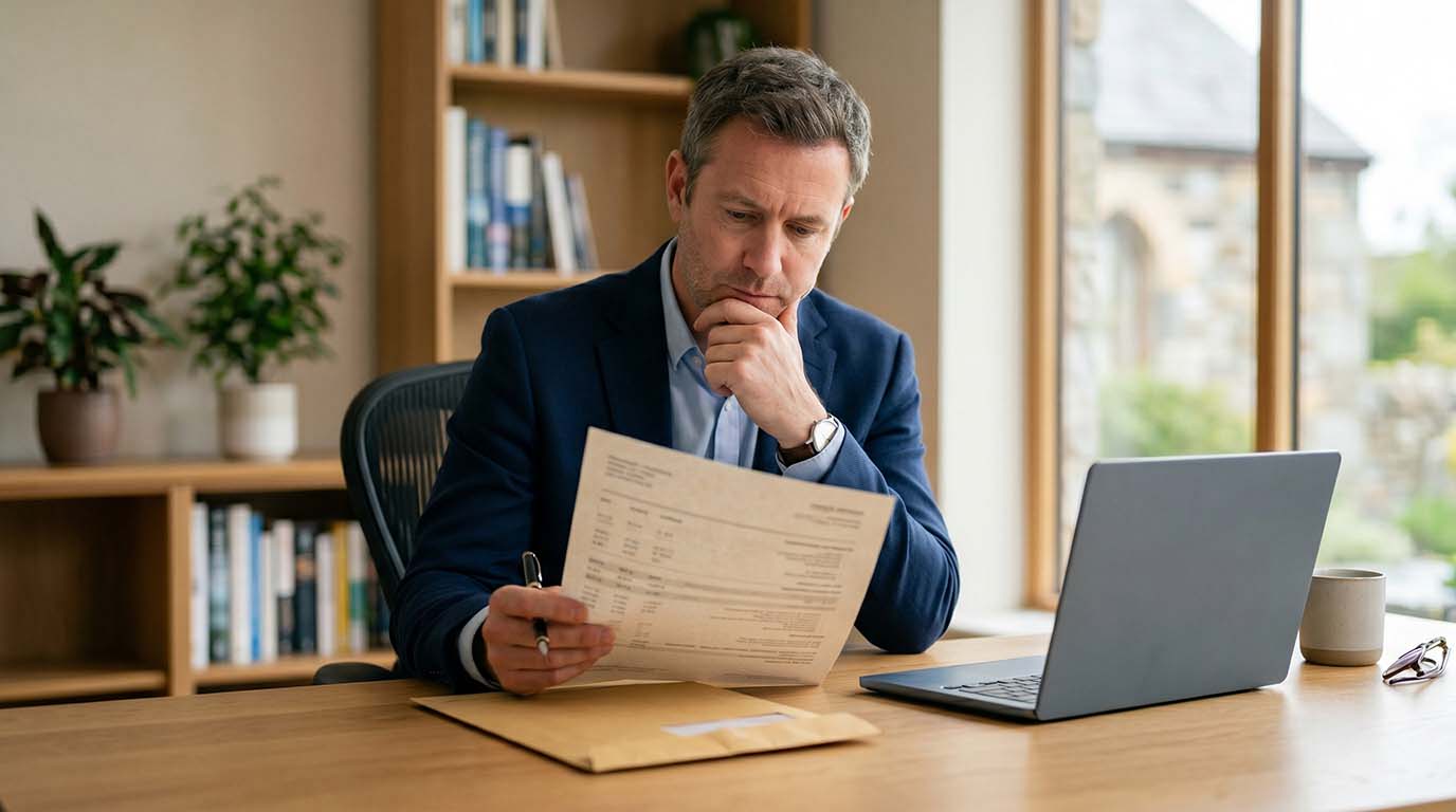 A man in a suit sits at a desk, reviewing papers with a focused expression.