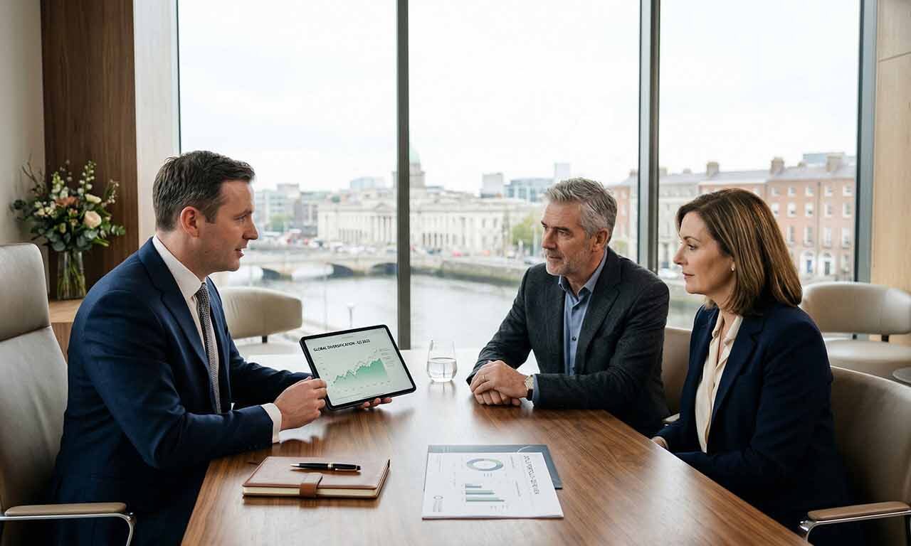Three business professionals seated at a table, collaborating over a tablet device.