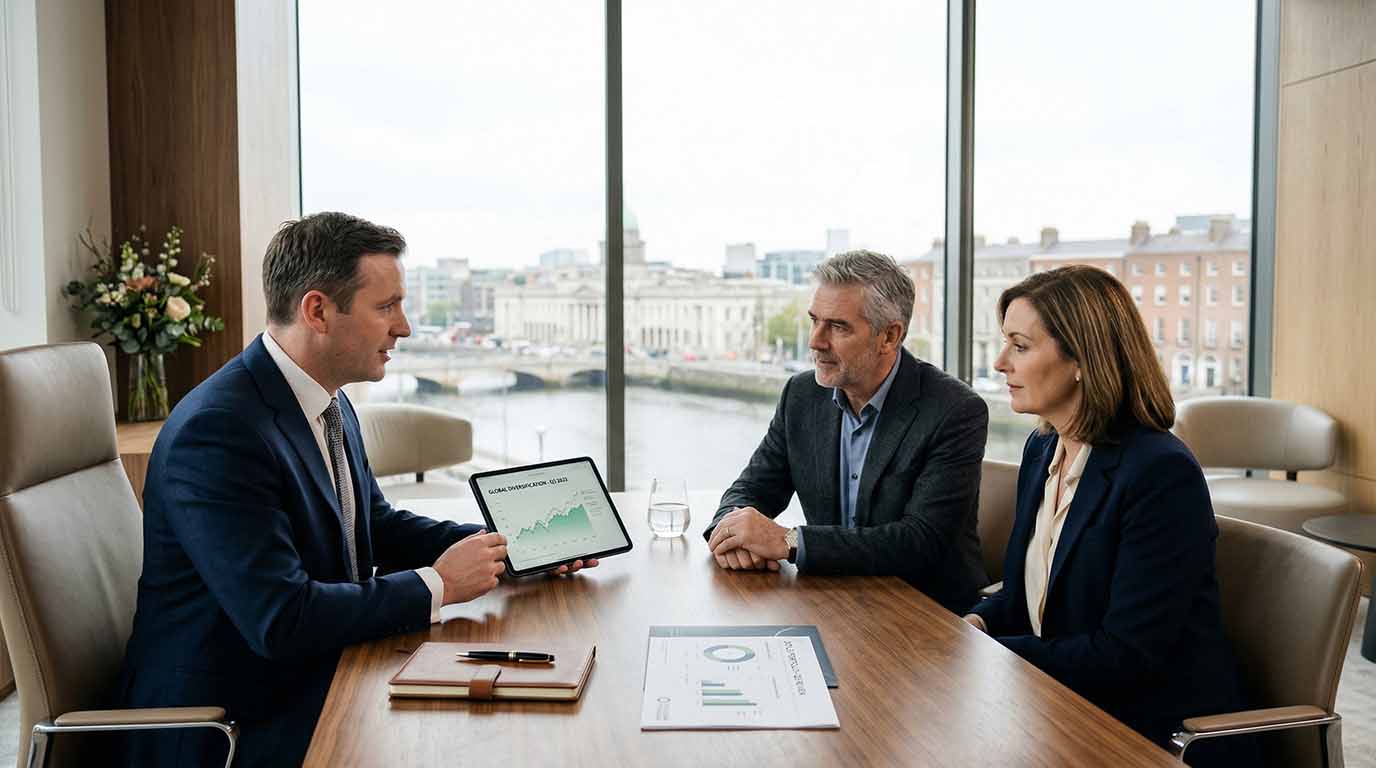 Three business professionals seated at a table, collaborating over a tablet device.