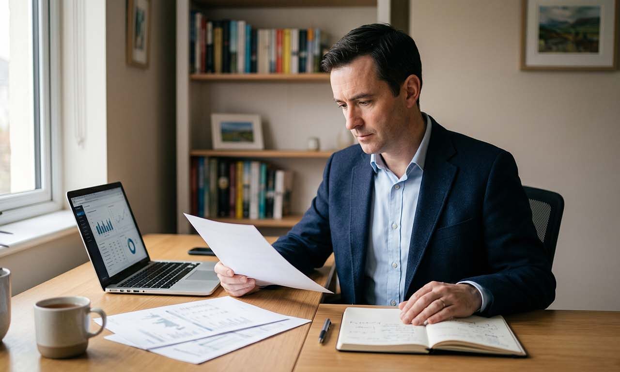 A man in a suit sits at a desk, working on a laptop surrounded by papers.