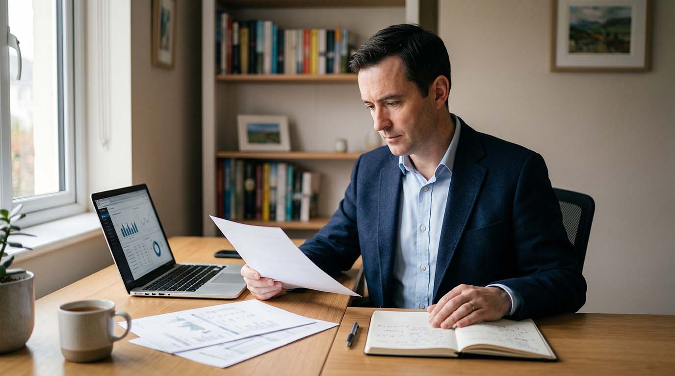 A man in a suit sits at a desk, working on a laptop surrounded by papers.