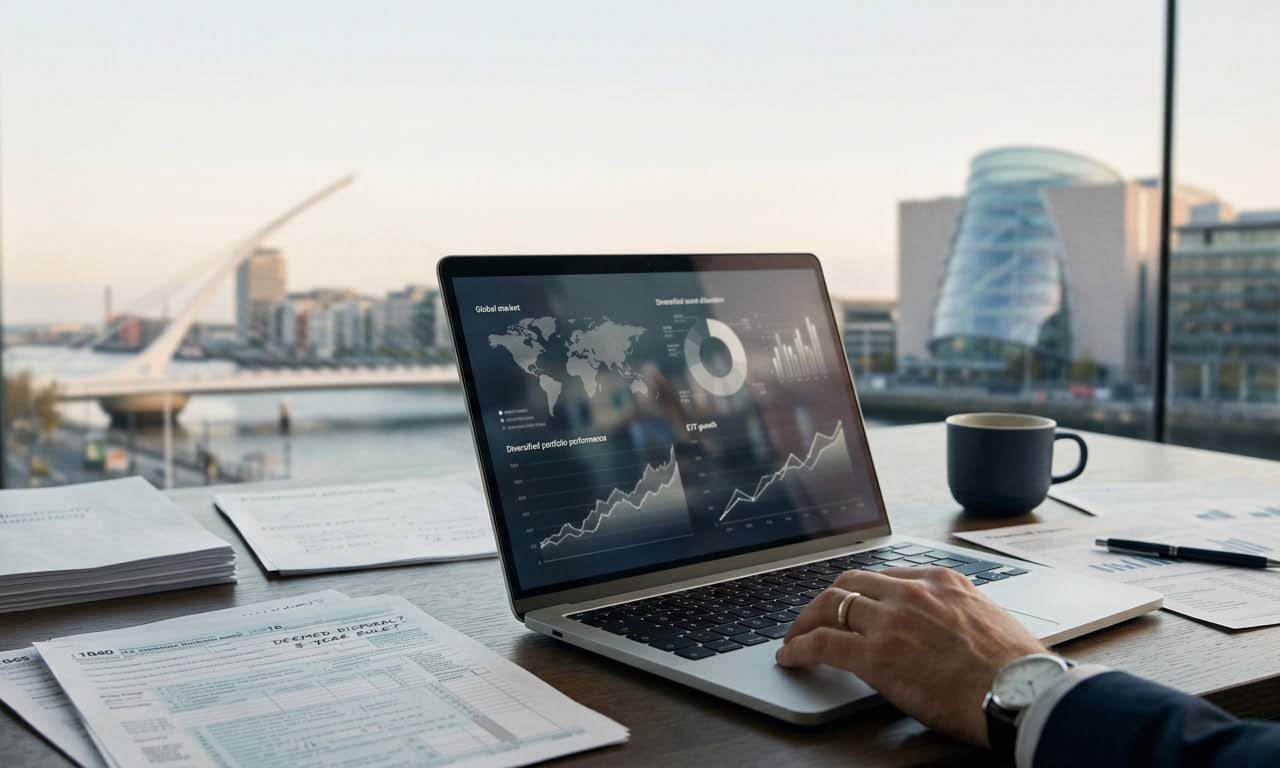 Man working on a laptop in an office with a panoramic view of the city skyline through large windows.