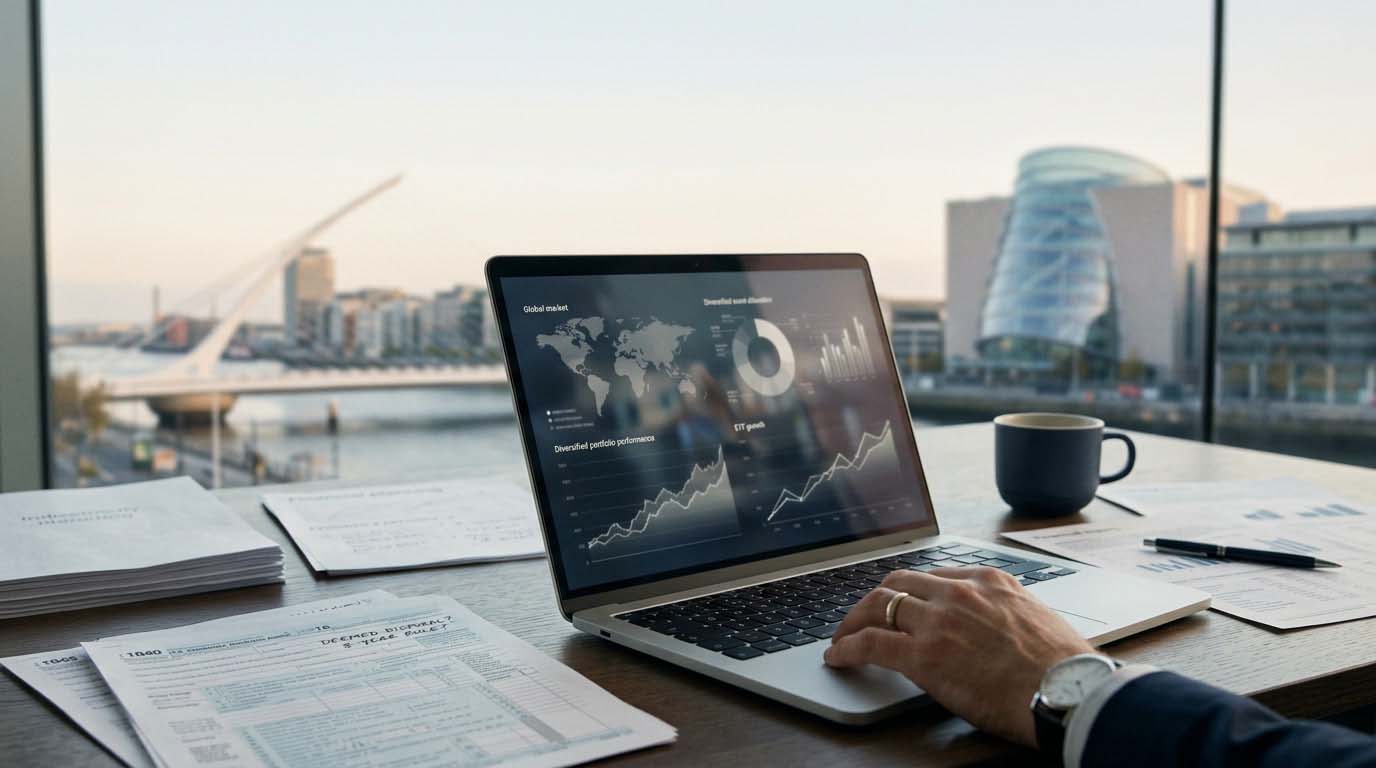 Man working on a laptop in an office with a panoramic view of the city skyline through large windows.