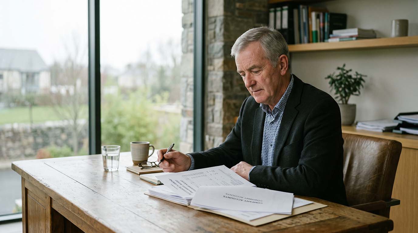 A man seated at a desk, surrounded by papers, holding a pen and focused on his work.