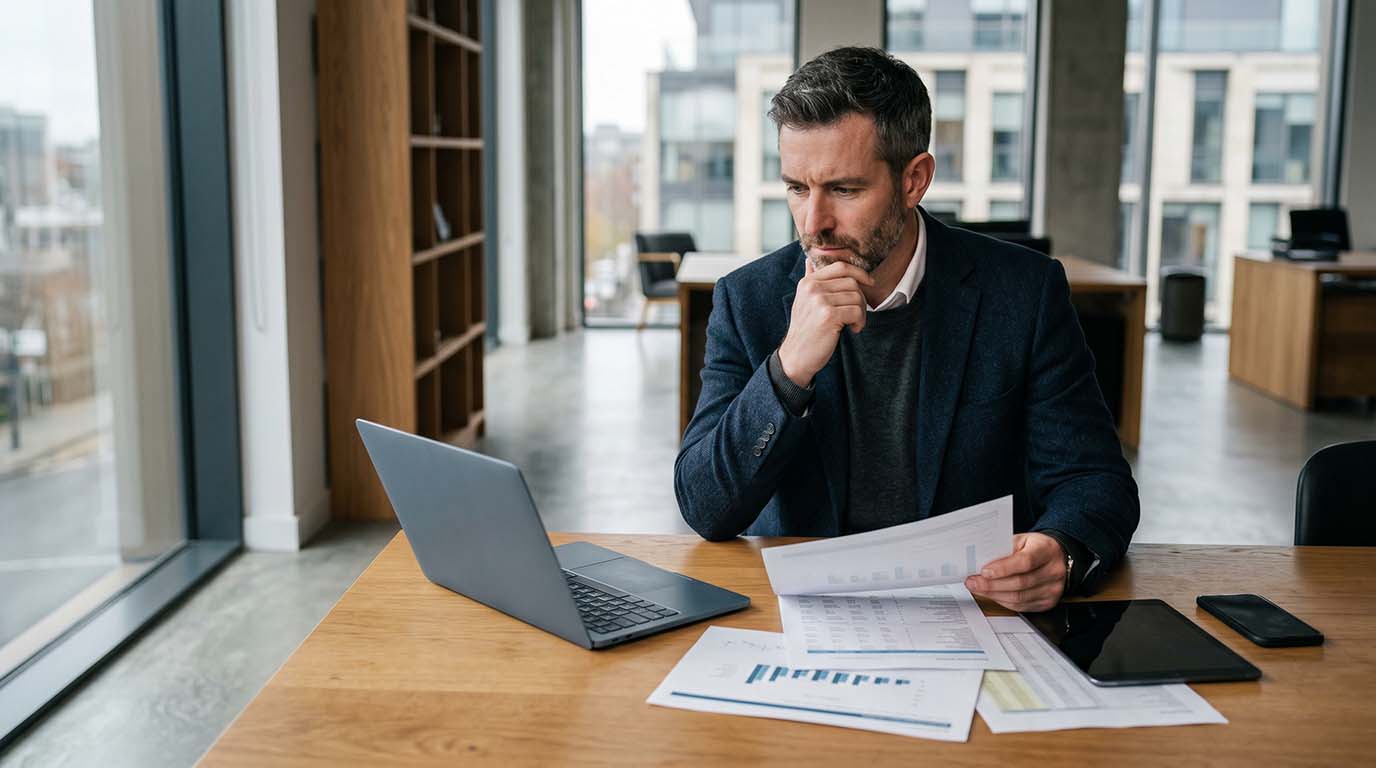 A man in a suit sits at a desk, surrounded by papers and a laptop, focused on his work.