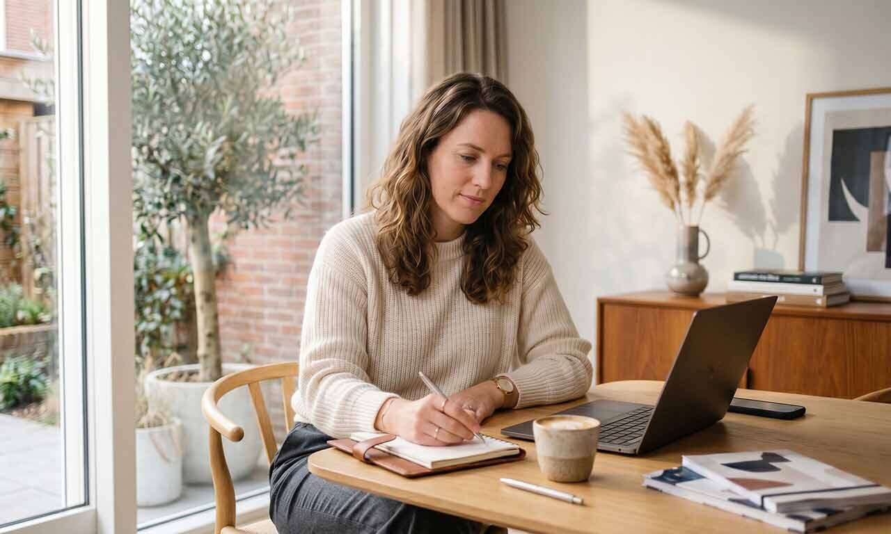 A woman seated at a table, using a laptop and writing with a pen, focused on her work.