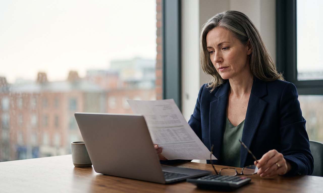 A woman in a business suit reviews a document on her laptop, focused and engaged in her work.