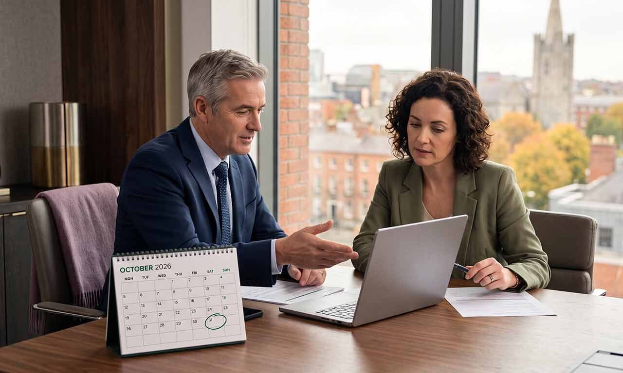 Two business professionals seated at a table, discussing plans with a calendar placed in front of them.
