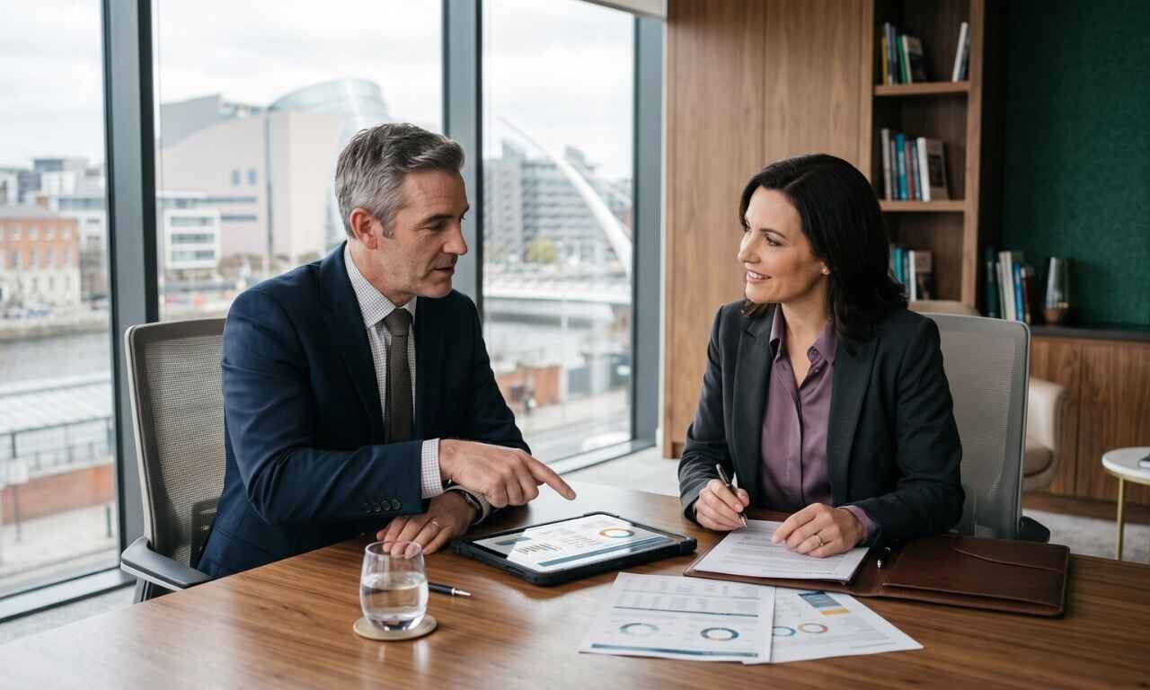 Two business professionals seated at a table, reviewing information on a tablet together.