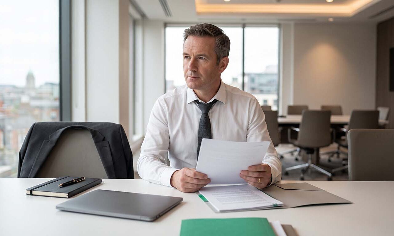 A man in a business suit sits at a table, reviewing documents and papers in a professional setting.