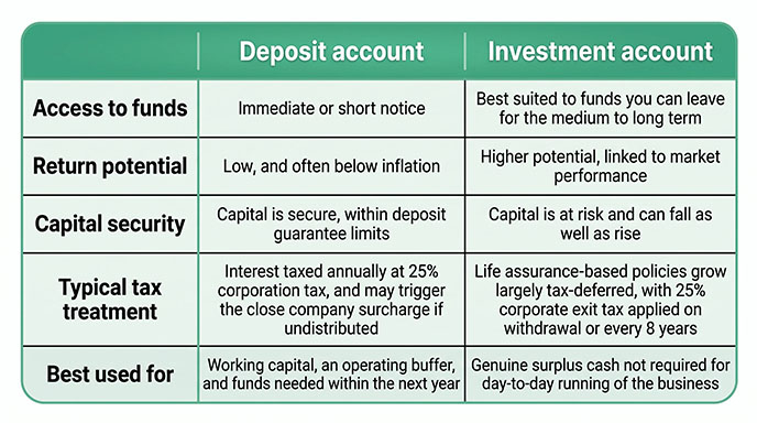 Deposit account vs investment account table